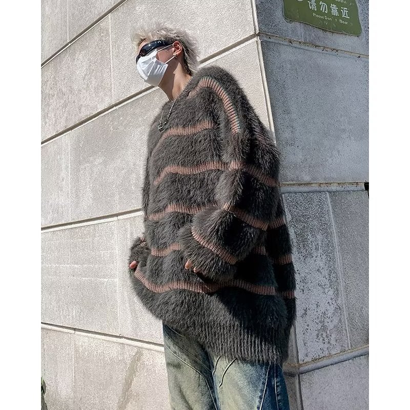 Niche Design Sense Contrast Color Striped Imitation Mink Fleece Crewneck Sweater Men'S Lazy Fashion Brand Ins Loose Trendy Sweater - Image 3